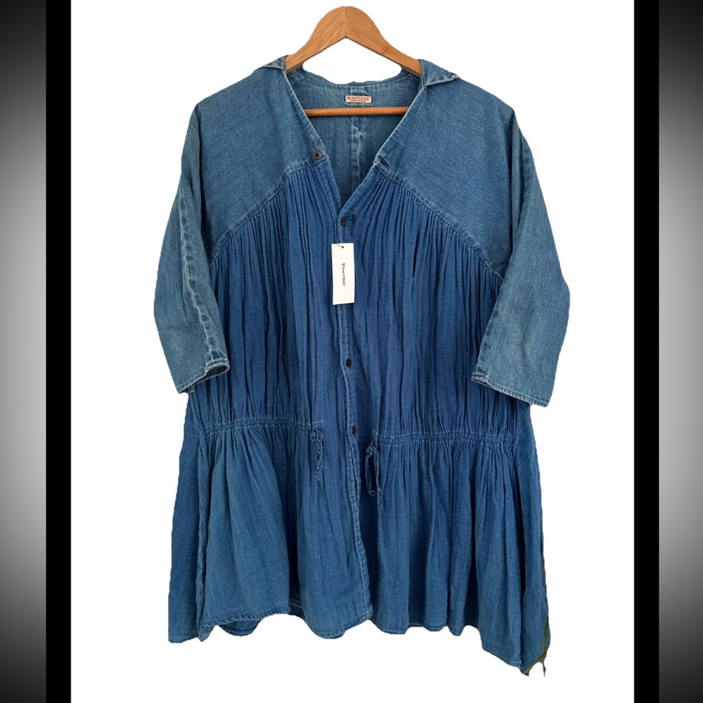 Kapital Japan 100% Cotton Denim And Gauze Blue Button Up Mini Dress Size 1